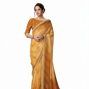 Exquisite Women's Satin Silk Bandhani Yellow Saree with Embroidery